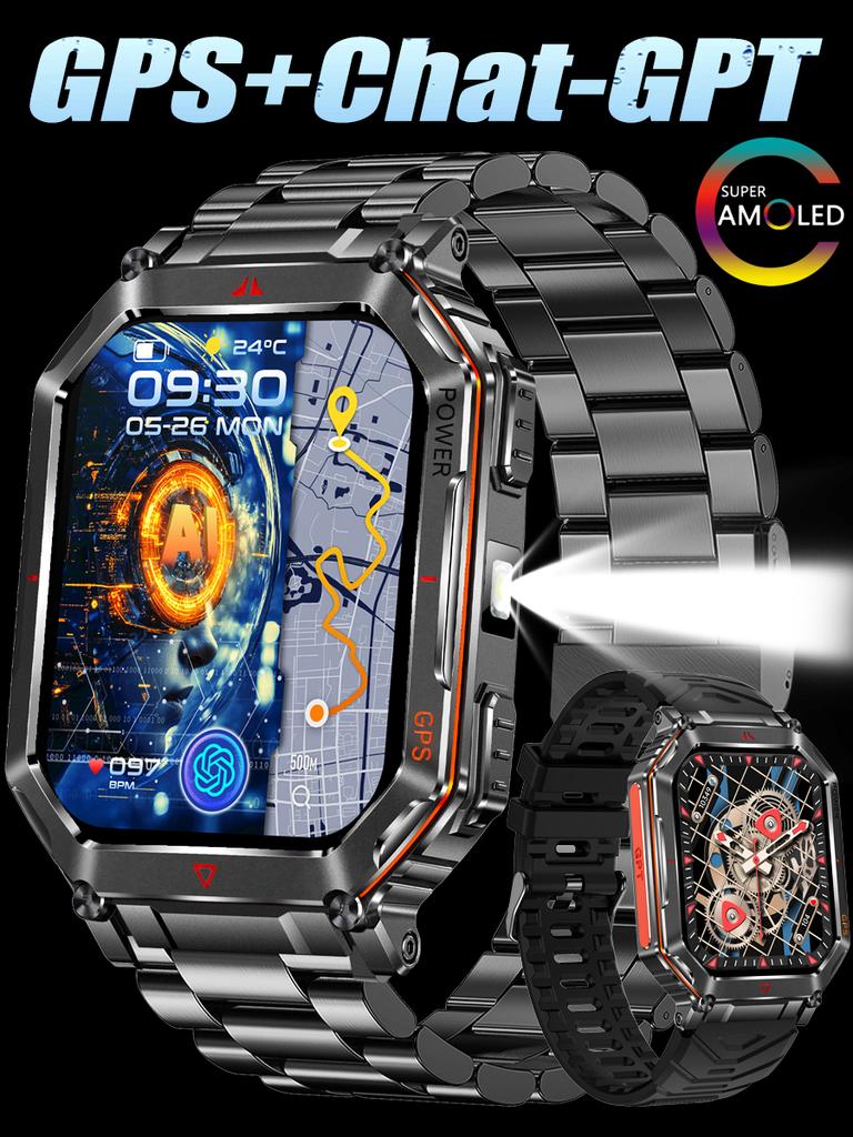 New Smart Watch GPS Sports Men Compass LED Flashlight Altimeter Barometer Bluetooth Call 3ATM Waterproof AMOLED Screen Smartwatch 450mAh