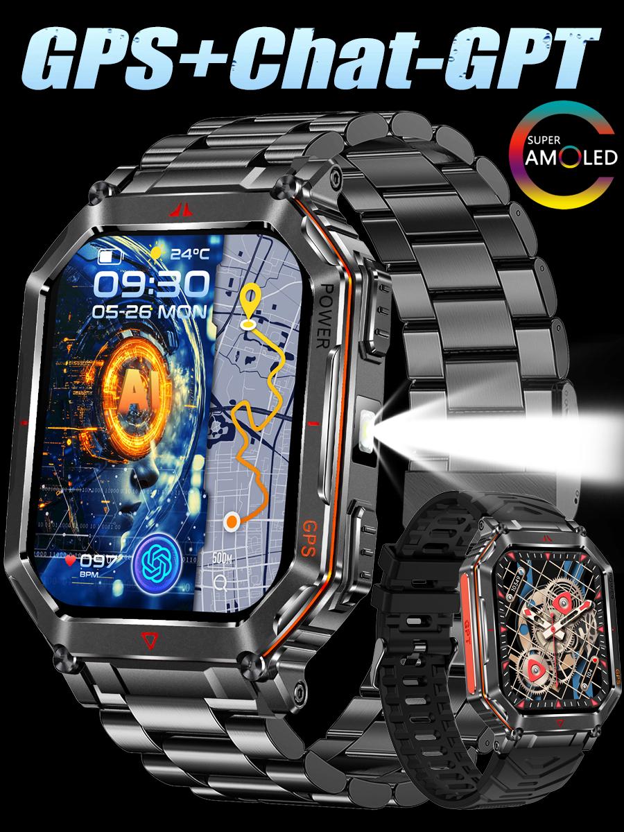 Nuovo Smartwatch GPS Sport Uomo Bussola Torcia LED Altimetro Barometro Chiamata Bluetooth Impermeabile 3ATM Schermo AMOLED Smartwatch 450mAh