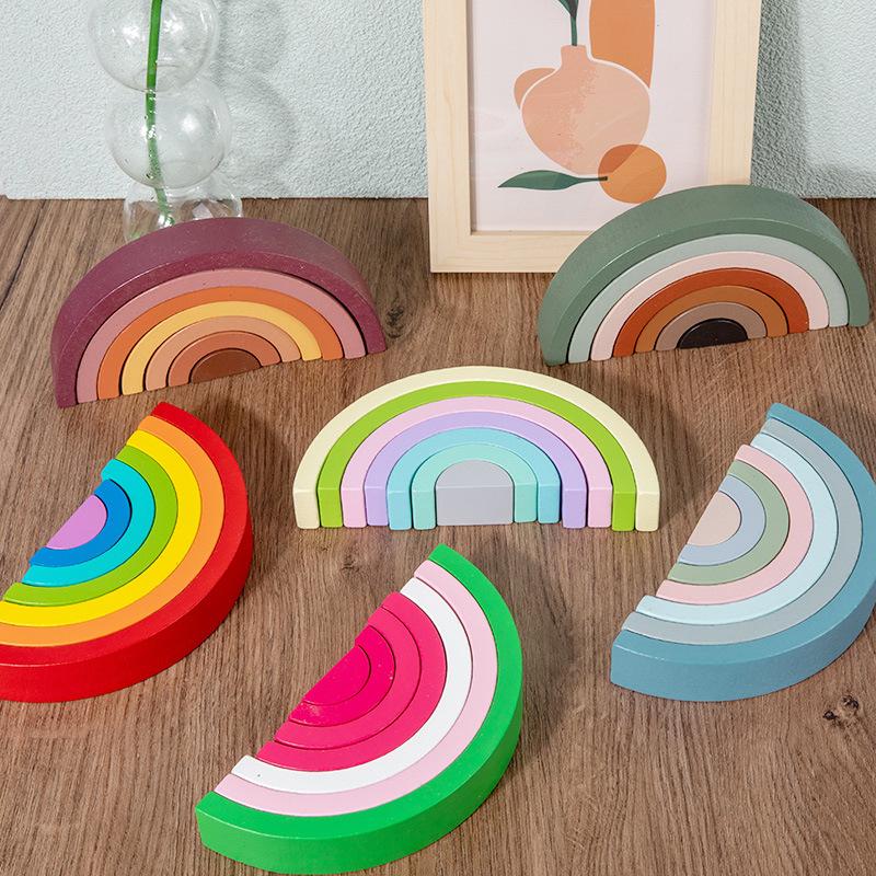 Arch Bridge Rainbow Building Blocks Kids Wood Stacker Baby Toy Color Cognitive Children Montessori Educational Wooden Toys