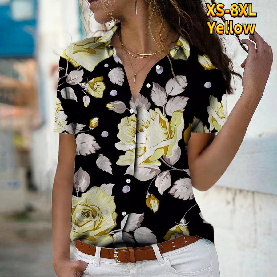2025 Sommer Neue Mode Damen Blumenmuster Kurzarm V-Ausschnitt Lässig Knopfleiste Hemd Top