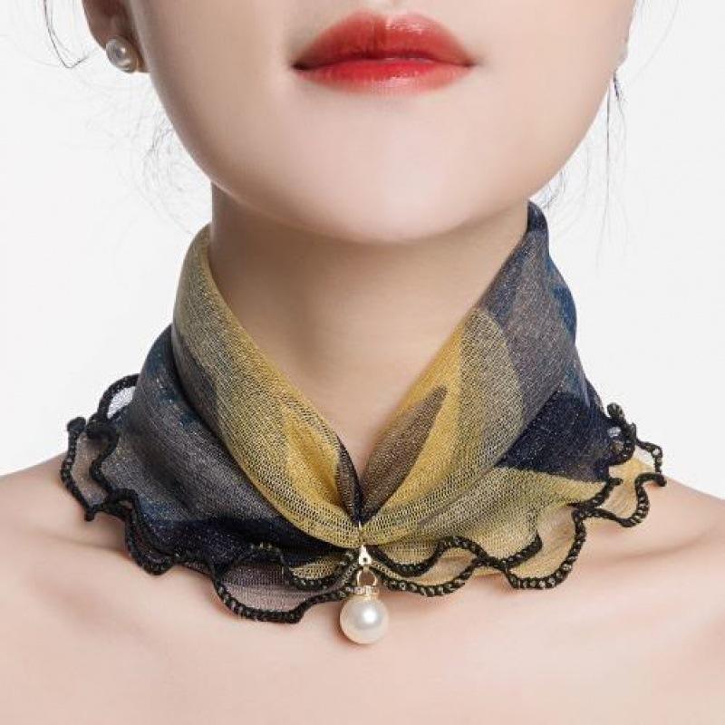 Fashion Printed Gauze Scarf Pearl Pendant Scarf Spring Lightweight Muffler Women Decorative Small Silk Scarf Headband