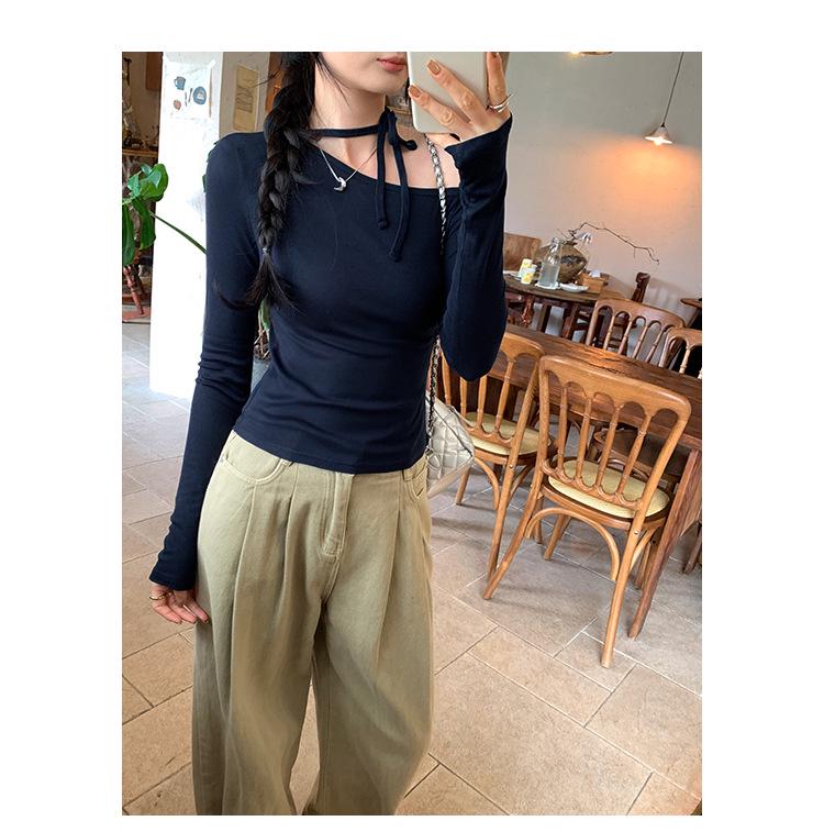 Petite Korean Halter Neck Off-Shoulder Long Sleeve Women's Shirt, Autumn Winter 2025 Collection