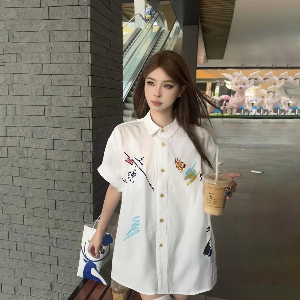 Short Sleeve Shirt Heavyweight Cotton Summer Casual Outfit Loose Oversized Embroidered White Unisex Shirt Relaxed Fit and Comfort Breathable Perfect