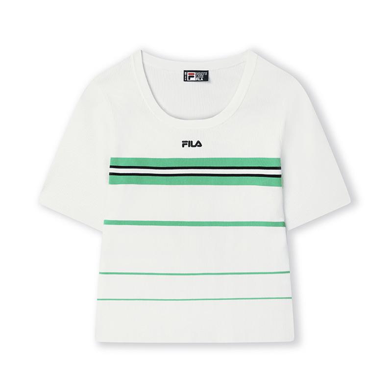 Fila Heritage Series Casual Versatile Striped Short Sleeve Knit Top Women Tops Bright-White F11W528408F-WT