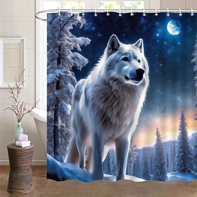 3D Wolf Shower Curtain Winter Forest Moonlight Scene Nature Art Calm Bathroom Decor Waterproof Printed Bath Curtain Home Style