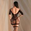 New Women's Sexy Midnight Bag Hip Skirt Pajamas Bodysuits with Light Bow Hollow Decoration Transparent Mesh Uniform