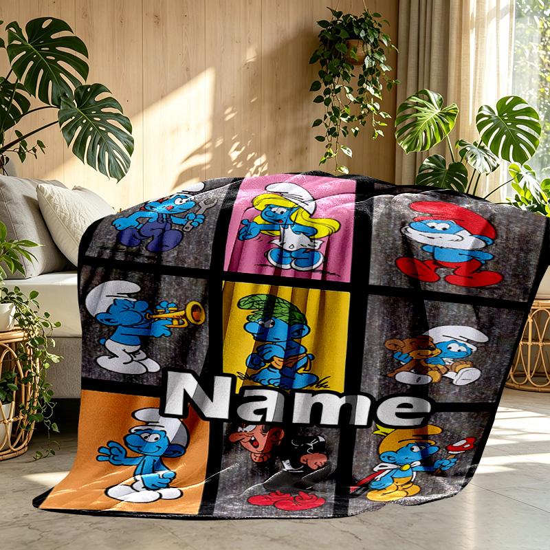 Custom Name Personalized Blue Smurfs Print Blanket, Home Decor, Bedroom, Sofa, Camping, Couch, Gifts for Birthday Christmas