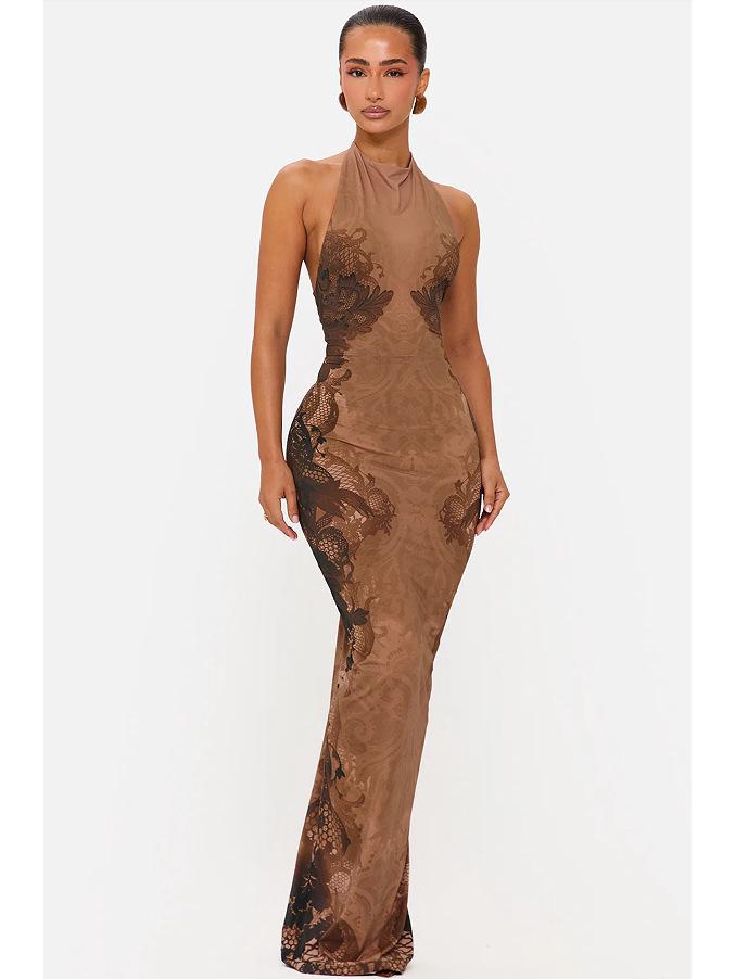 2026 Elegant French Halter Neck Slim-Fit Floral Evening Gown Medium коричневый