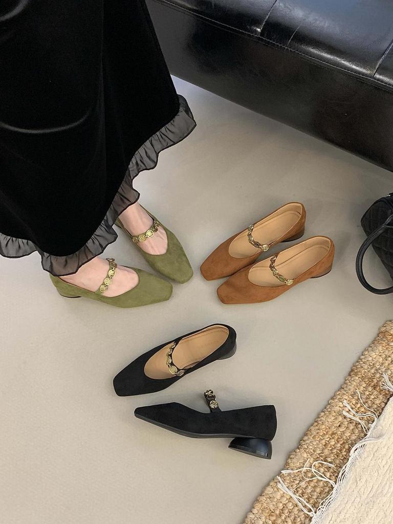 Green shoes shoes women's 2025 new popular autumn and winter suede square head gold coin chain velvet Mary Jane women's shoes