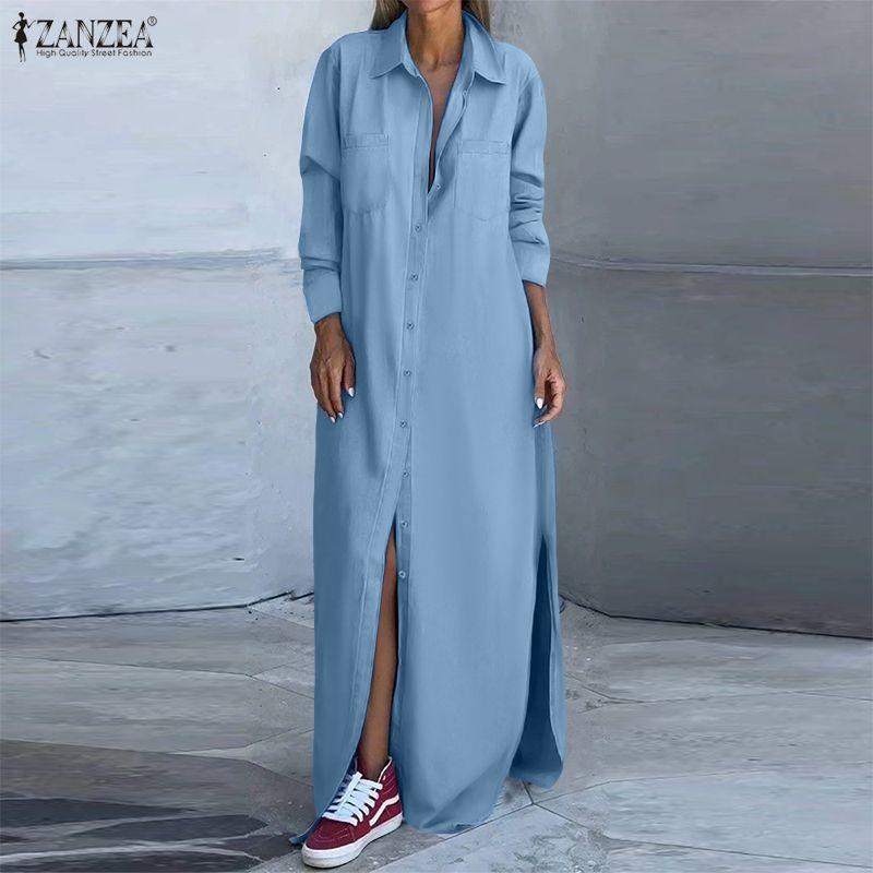 ZANZEA Elegant Women Lapel Neck Long Sleeve Buttons Splits Casual Long Shirts Dress