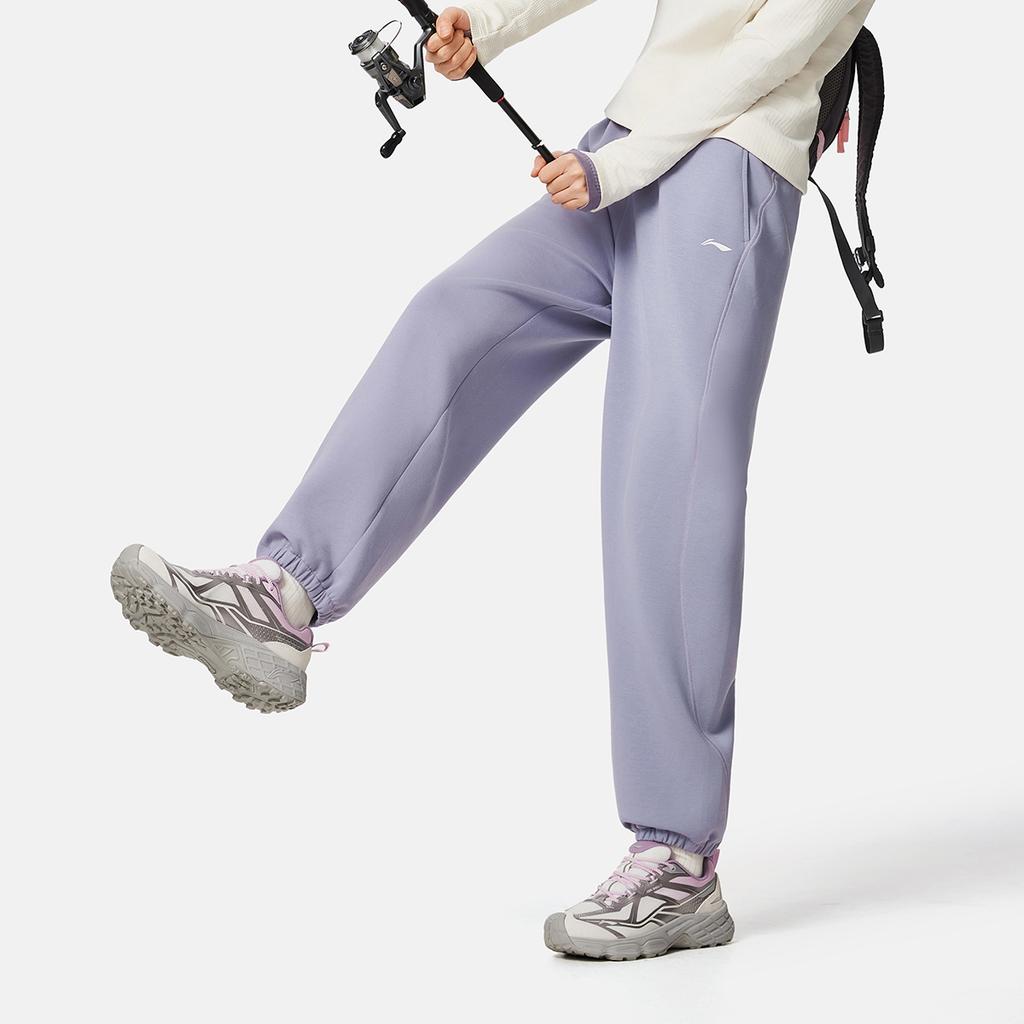 Li-Ning Solid Color Elastic Waist Mid Rise Versatile Cuffed Casual Pants Women bottoms AKLV964-5