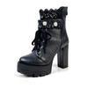 FOREADA Women Ankle Boots Round Toe Thick High Heels Pearl Zipper Lace-up Platform Short Boots Ladies Fashion Shoes Autumn Winter Black