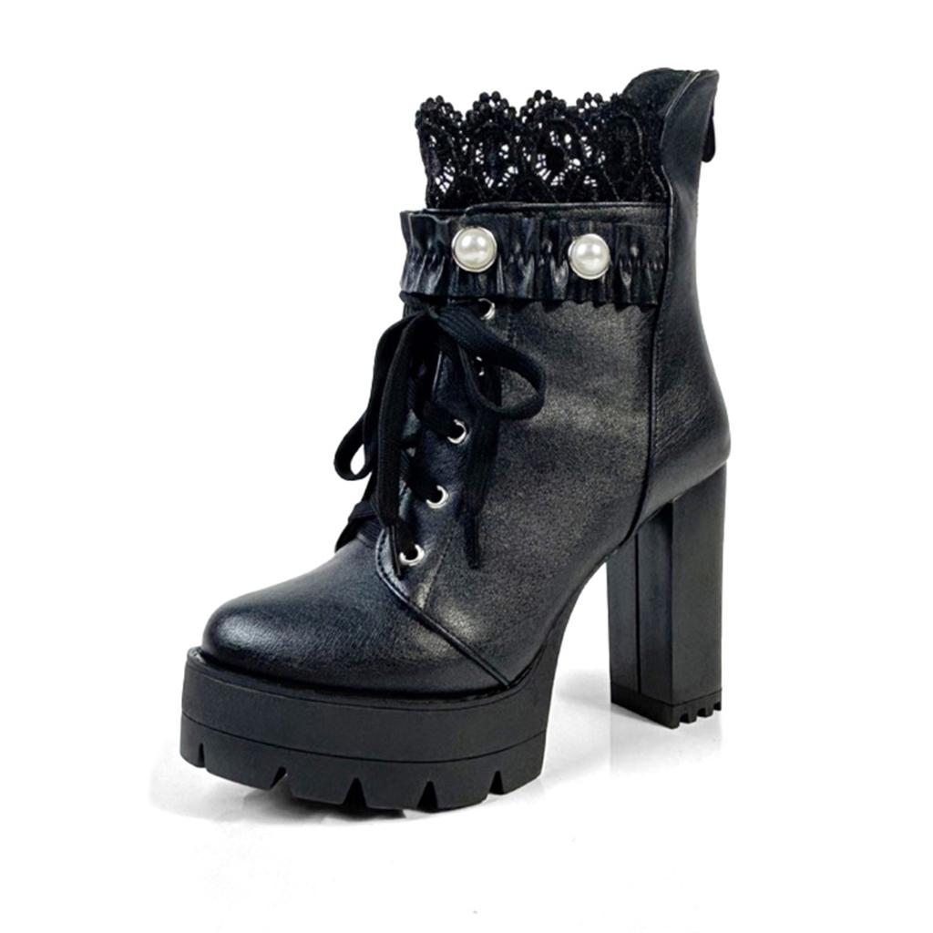FOREADA Women Ankle Boots Round Toe Thick High Heels Pearl Zipper Lace-up Platform Short Boots Ladies Fashion Shoes Autumn Winter Black
