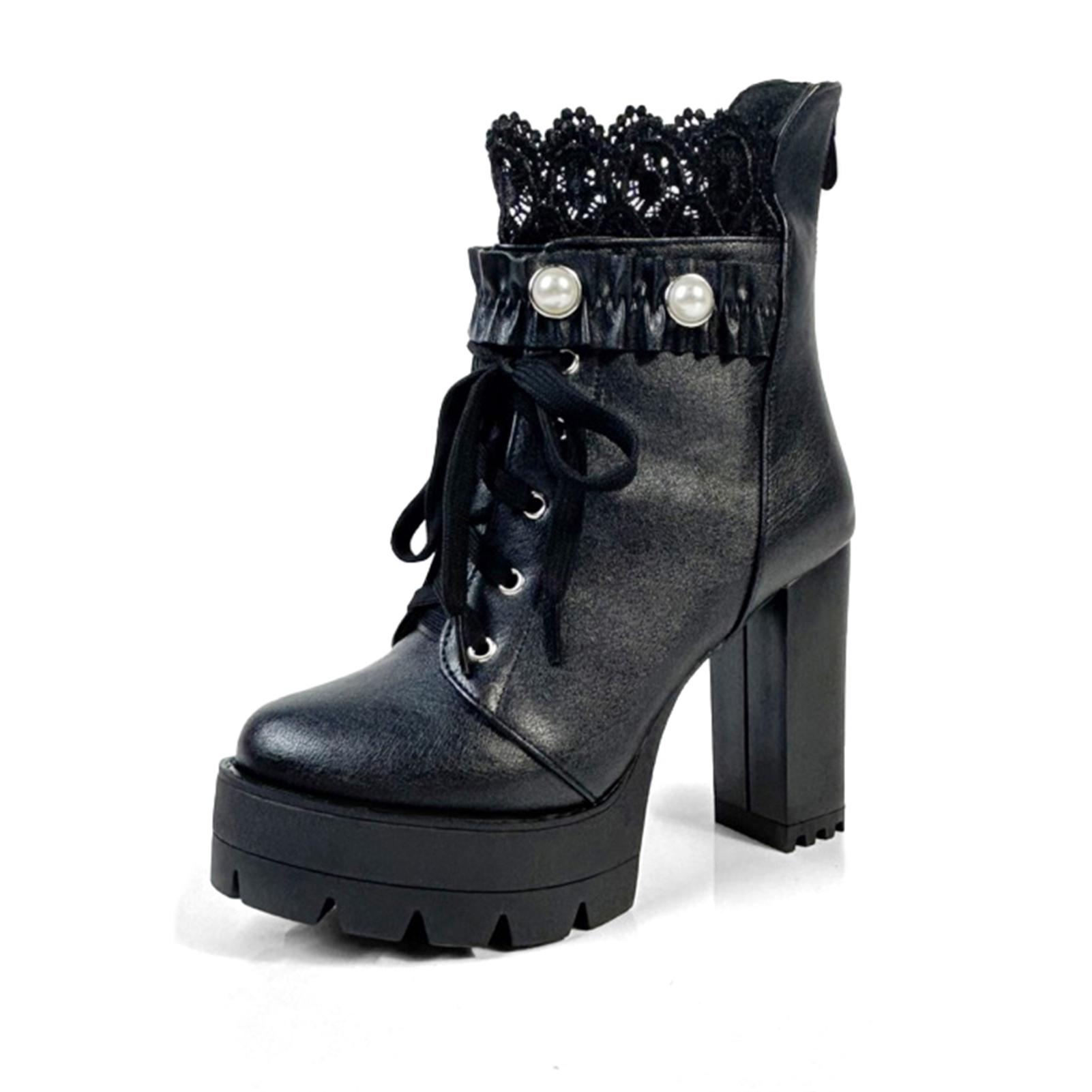 

FOREADA Женские ботильоны с круглым носком, на толстом высоком каблуке, с жемчугом, на молнии, на шнуровке, на платформе, короткие ботинки, женская модная обувь, осень-зима, черные 39 чёрный