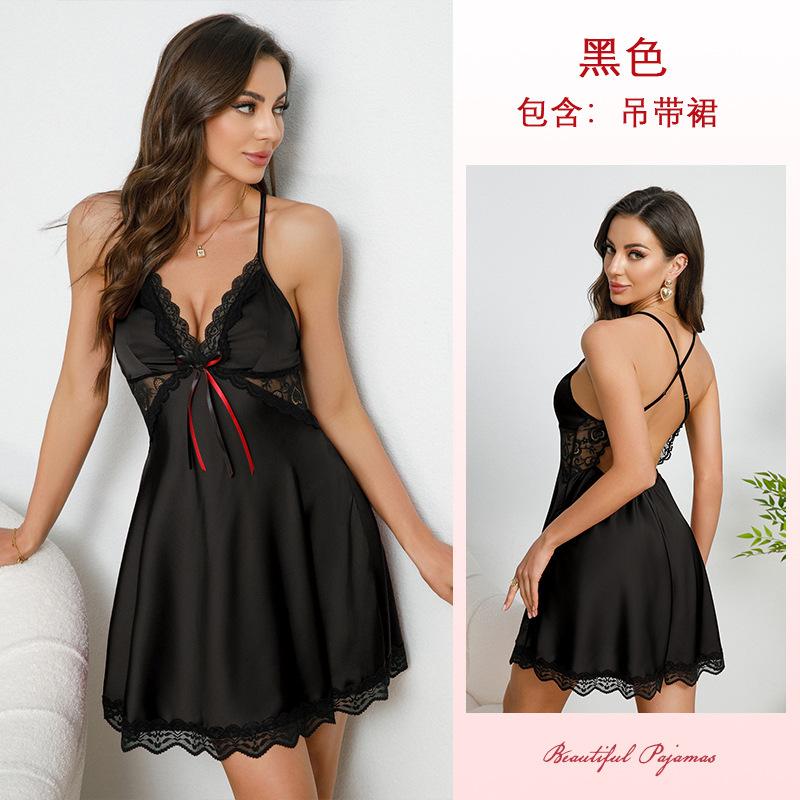Satin lace nightdress, deep V camisole with hollowed back, multicolor sexy pajamas, loungewear 891