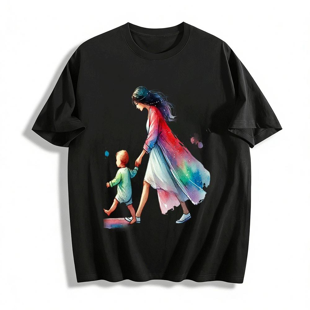 Warm Mother Child Hand Holding Print Casual Top Family Love Tee Pure cotton T-shirt XXS