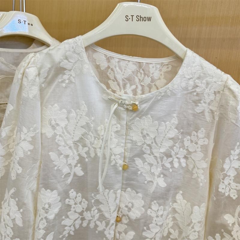 Women's 2026 Spring Jacquard Lace Puff Sleeve Blouse - Chinese Style, See-through Long Sleeve, Button-up Shirt