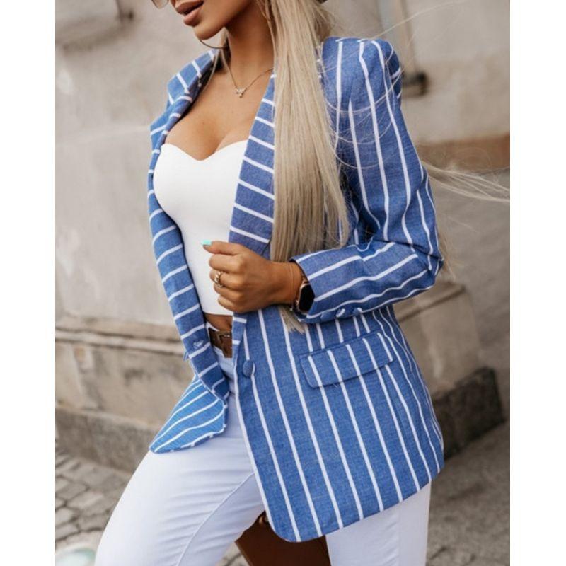 Cross-Border Fashion Fall and Winter New Stripes Print Suit Collar Work Clothing Ol One Button Long Sleeve Suit Outwear Easiest for Match Female