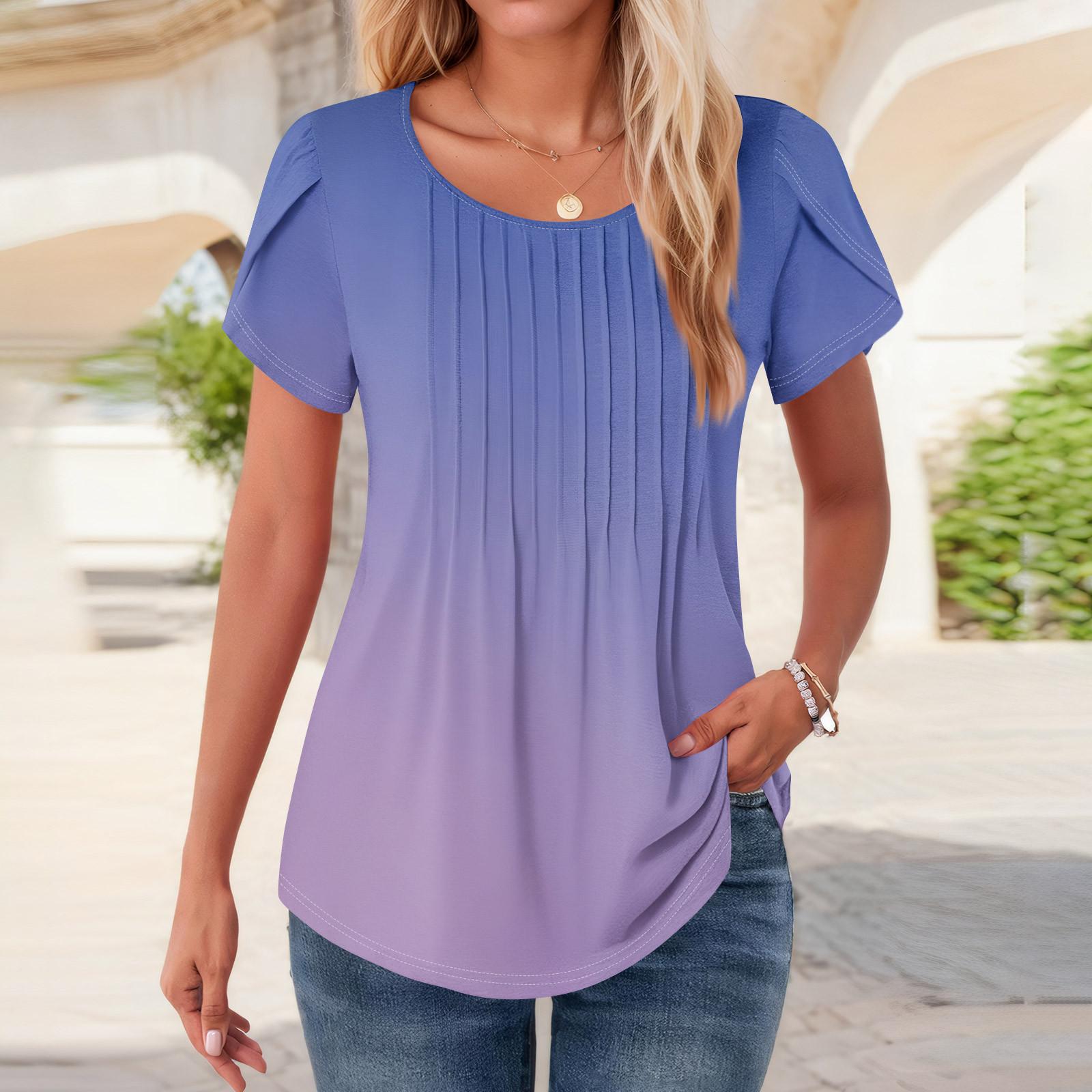 

Женские топы с коротким рукавом и круглым вырезом, летние рубашки с цветочным принтом, блузки для женщин, нарядные повседневные XL фиолетовый