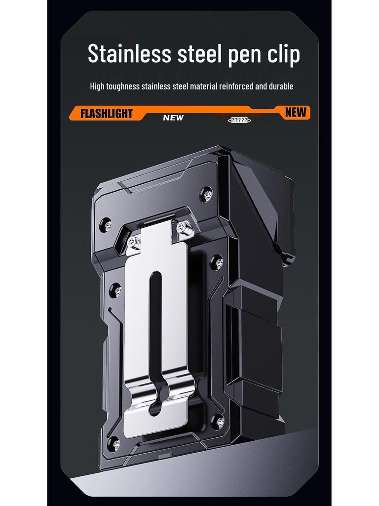 Portable Multi-Functional Rechargeable Flashlight with Rotating Head, Side Light, Red/Blue Burst Flash, and Magnetic Base for Outdoor Use.