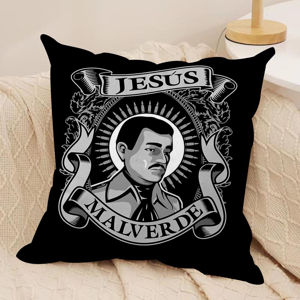 J-Jesus Malverde Cushion Cover Soft Plush Fabric Double-Sided Printed Sofa Cushion Cover for All Seasons Home Decor Gift