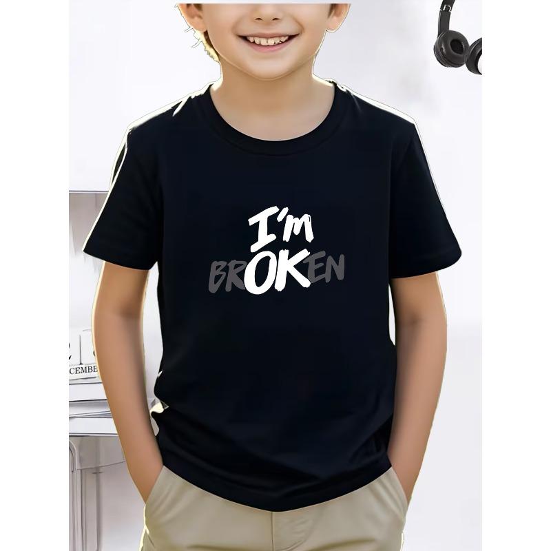 

European sizes [Printed Design - Not Textured] Crew Neck Boys T - Shirt Casual Trendy I m Broken Slogan Pattern Kids Wear for Boys 98cm чёрный
