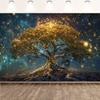 2D Flat, Golden Tree of Life Galaxy Starry Night Tapestry Spiritual Wall Art Bedroom Decor Cosmic Mystical Universe Background