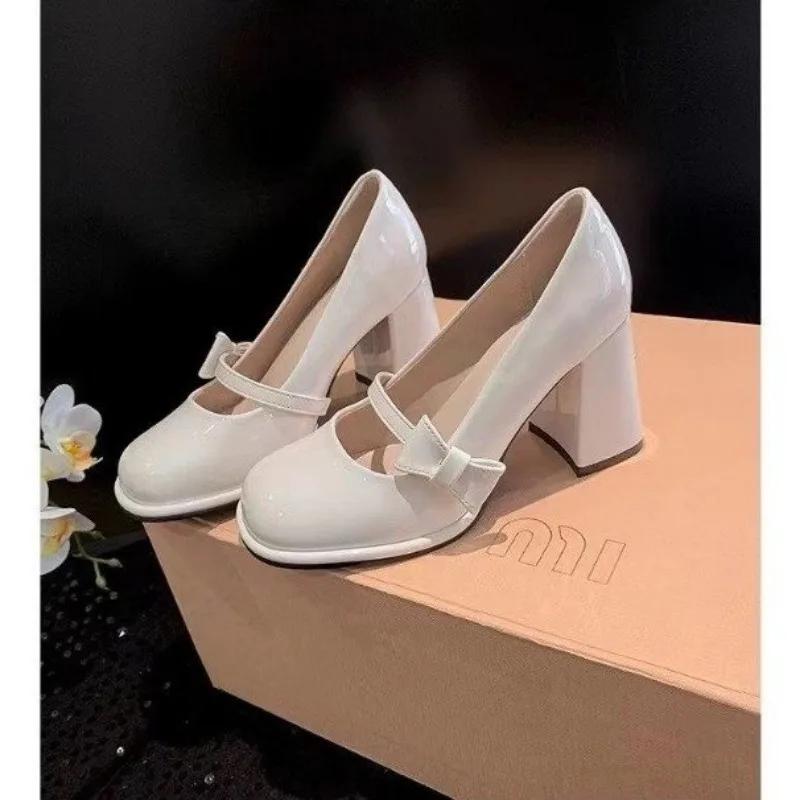 Fashion 2025Sweet Bow High Heels Slip on  Jane Shoes Women's Cute Round Shape Toe Cap Party Shoes for Women Patent Leather Pumps Tacones