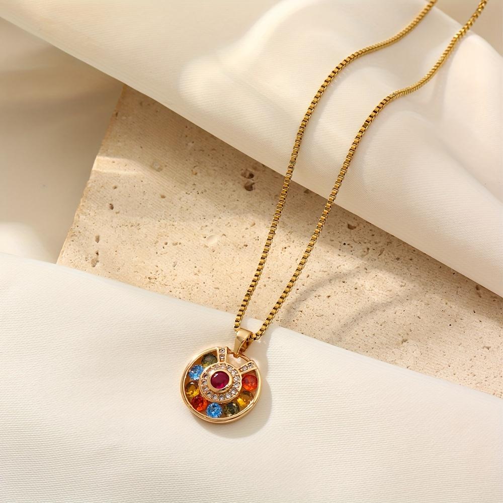 Round Colored Zirconia Pendant Necklace for Women New Fashion Golden Stainless Steel Chain Wedding Party Jewelry Accessories