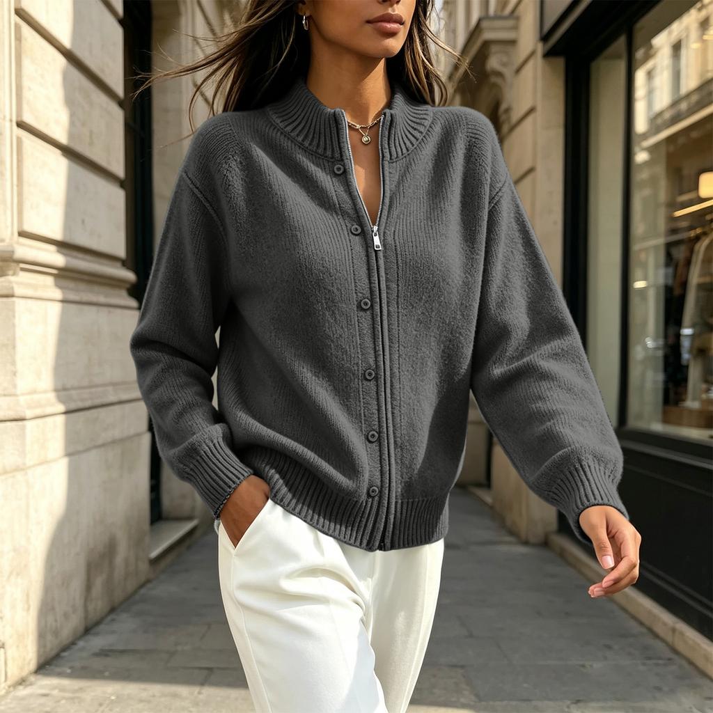 Women's Zip-Up Neck Knit Cardigan Color Loose Fit Slouchy Versatile Sweater Top