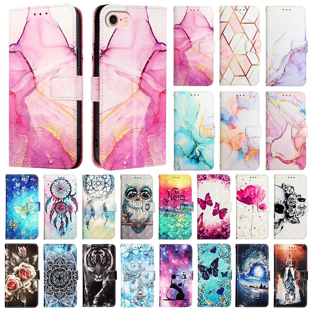 Cute Painted Leather Flip Phone Case on For iPhone 16E 16 Pro Max Plus SE4 SE3 SE Wallet Stand Book Cover With Card Holder Strap