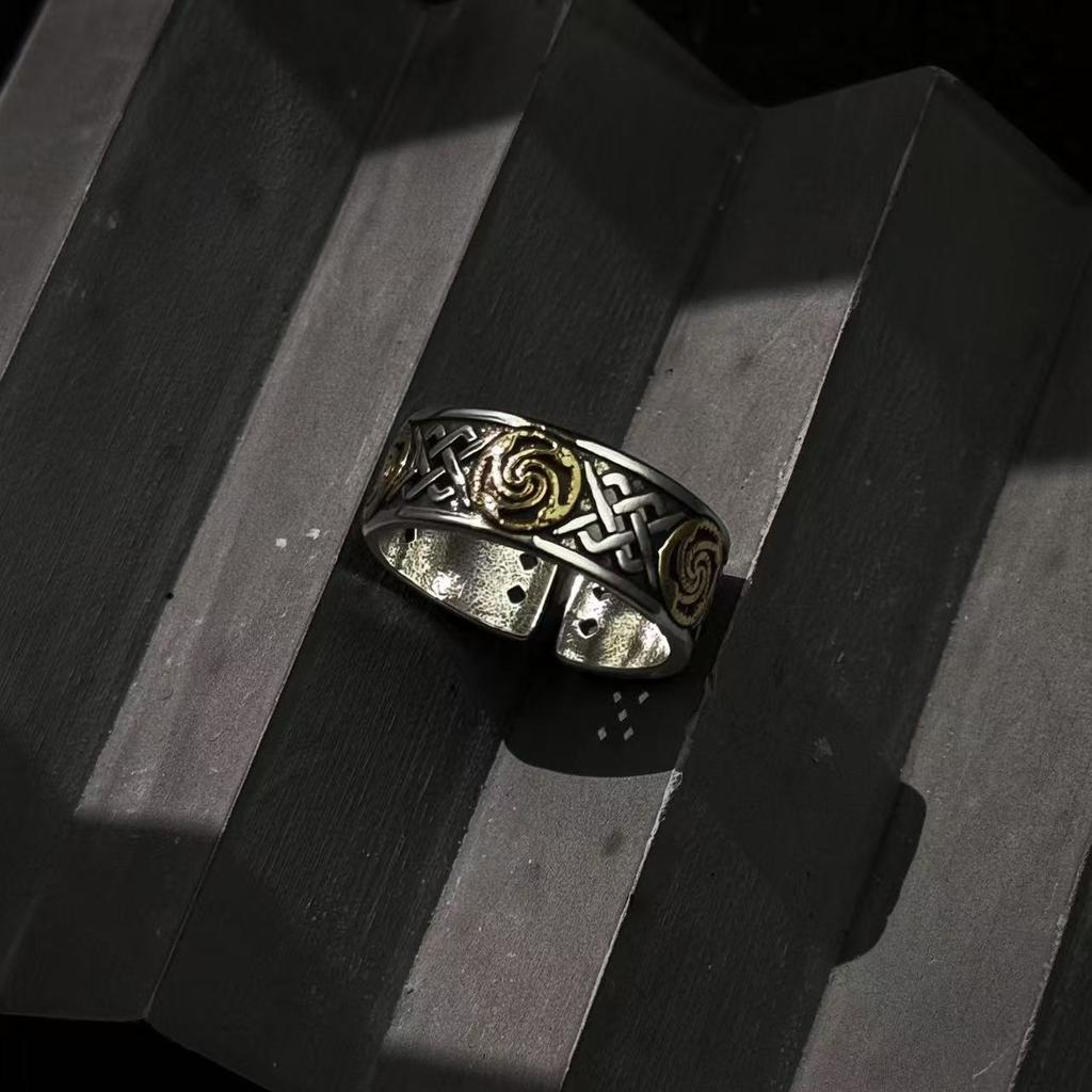 Retro Celtic Dara Knot & Spiral Pattern Adjustable Open Ring For Men Silver-plated Copper Punk Gothic Edgy Accessories