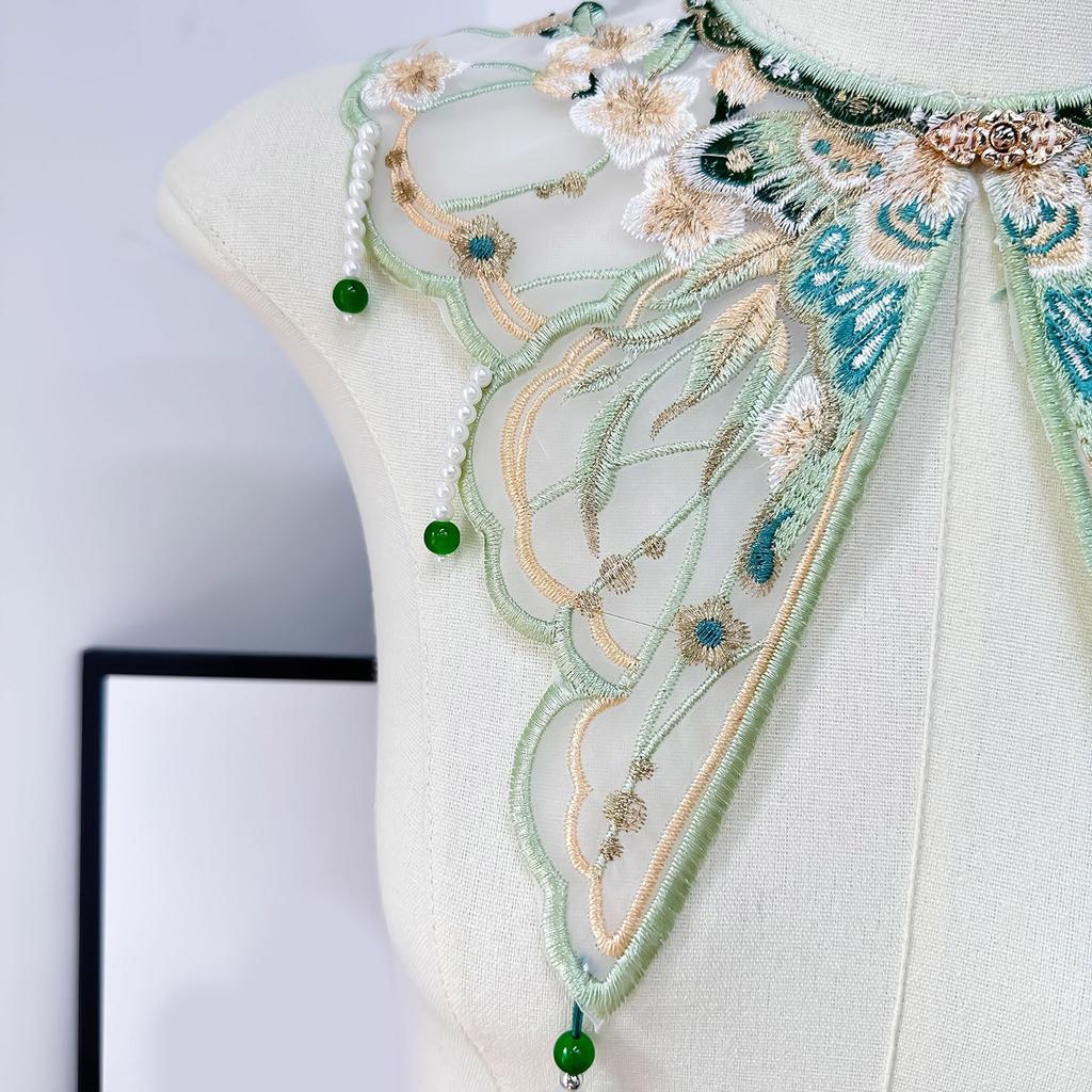 Vintage Dress Detachable False Collar Pearl Tassels Yunjian Shawl Scarf Chinese Embroidered Butterfly Flower Capelet