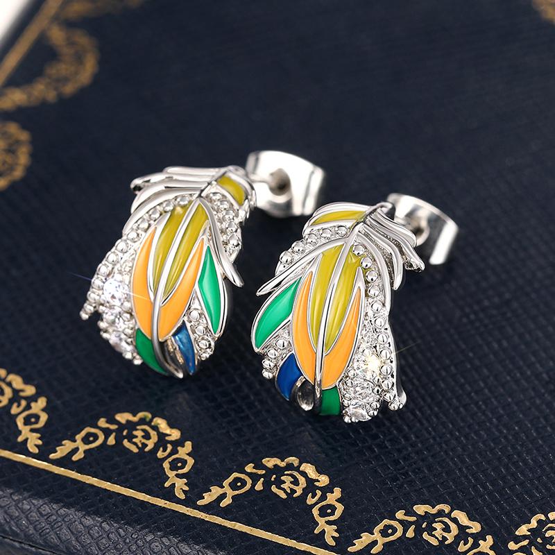 Huitan Personality Feather Earrings for Women Handmade Enamel Stud Earrings with CZ Luxury Fashion Female Jewelry Drop Shipping