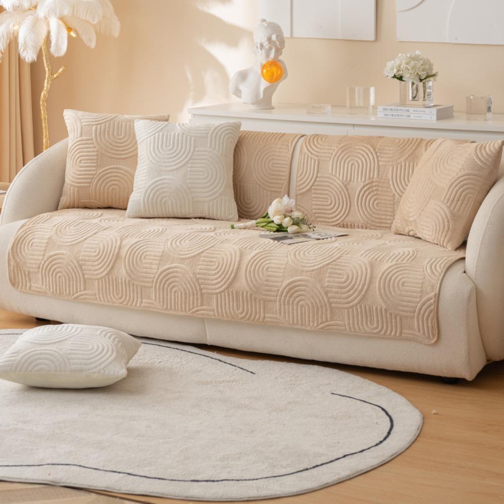 Winter Sofa Slipcover Thickened Flannel Quilted Anti Slip Couch Cover Solid Color