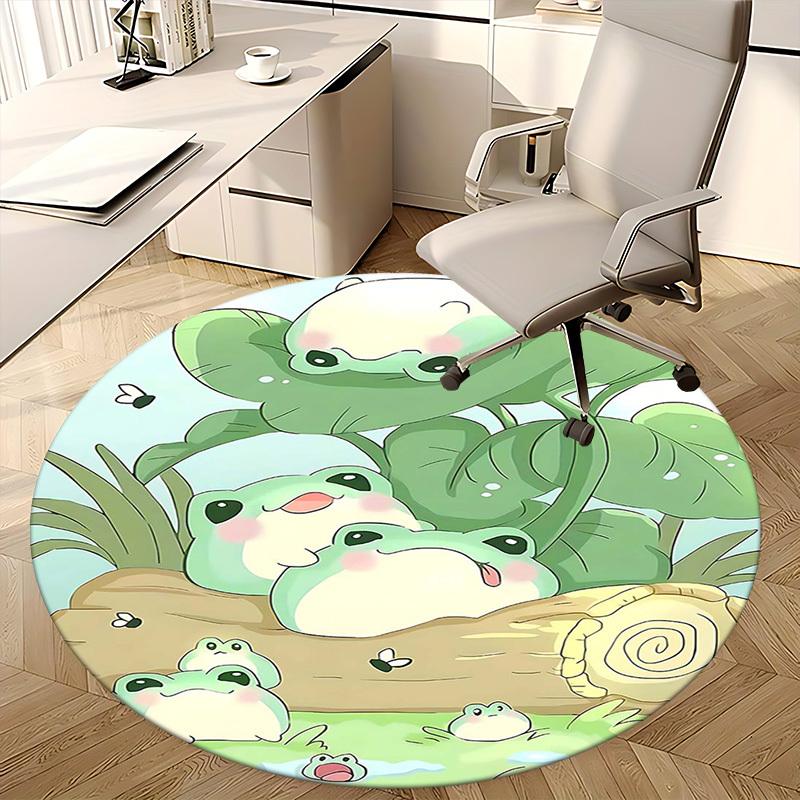 1 Stück Süße Froschfamilie Runder Teppich Anime-Design Bürostuhlmatte, Rutschfester Teppich für Heimdekoration