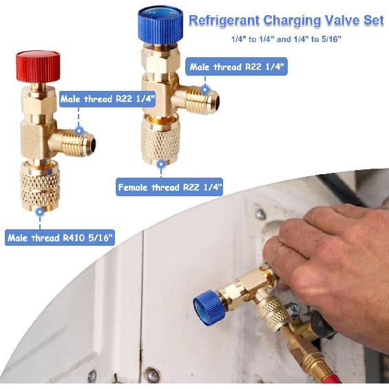 Wolfride 2Pcs Refrigerant Charging Valve Set, Brass Low Loss HVAC Fittings, 1/4" & 5/16" Safety Adapter Flow Control Ball Valve for R22 R410 Air