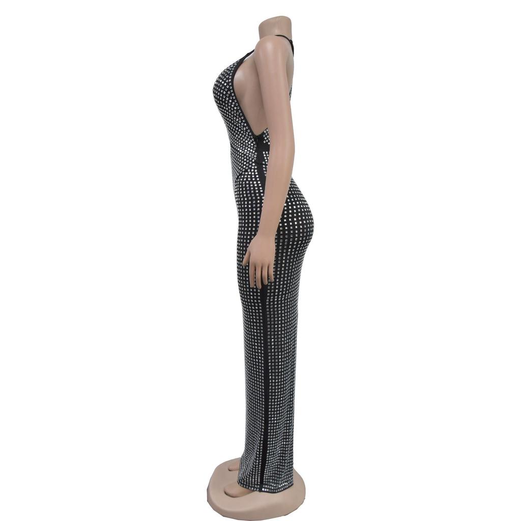 Robe longue sans manches à col en V ornée de strass - Mode féminine européenne et américaine (C6963)