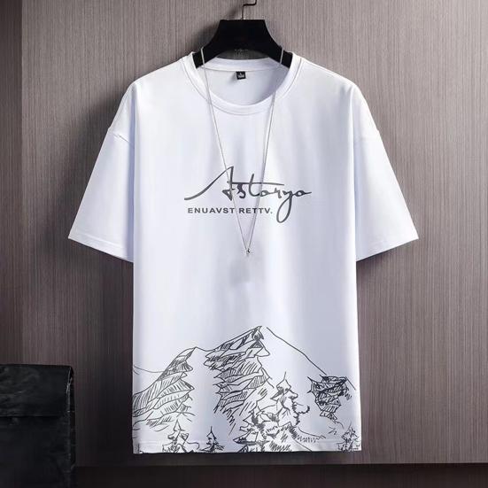 Men T-shirt Print Soft Breathable Quick Dry Colorfast Crew Neck Loose Short Sleeves Mountain Pattern Summer Tops Daily Clothes