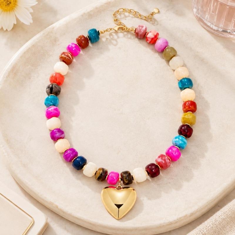 Adjustable Beaded Pendant Necklace with Rounded Resin Beads, Heart-Shaped Center Pendant, Extension Chain, and Lobster Clasp