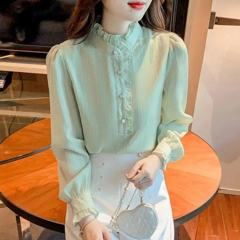 French Lace Stand Collar Chiffon Blouse with Elegant Splicing and Long Sleeves