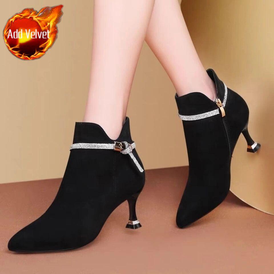 Fashion Booties Fleece-Lined Black Ankle Boots for Women Warm Heeled High Quality Footwear Boot Designer Luxury Autumn Woman Short Shoes