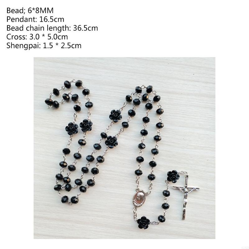 62KD Rose Crystal Rosary Necklace Catholic Vintage for Cross Pendant Long Chain Neckl