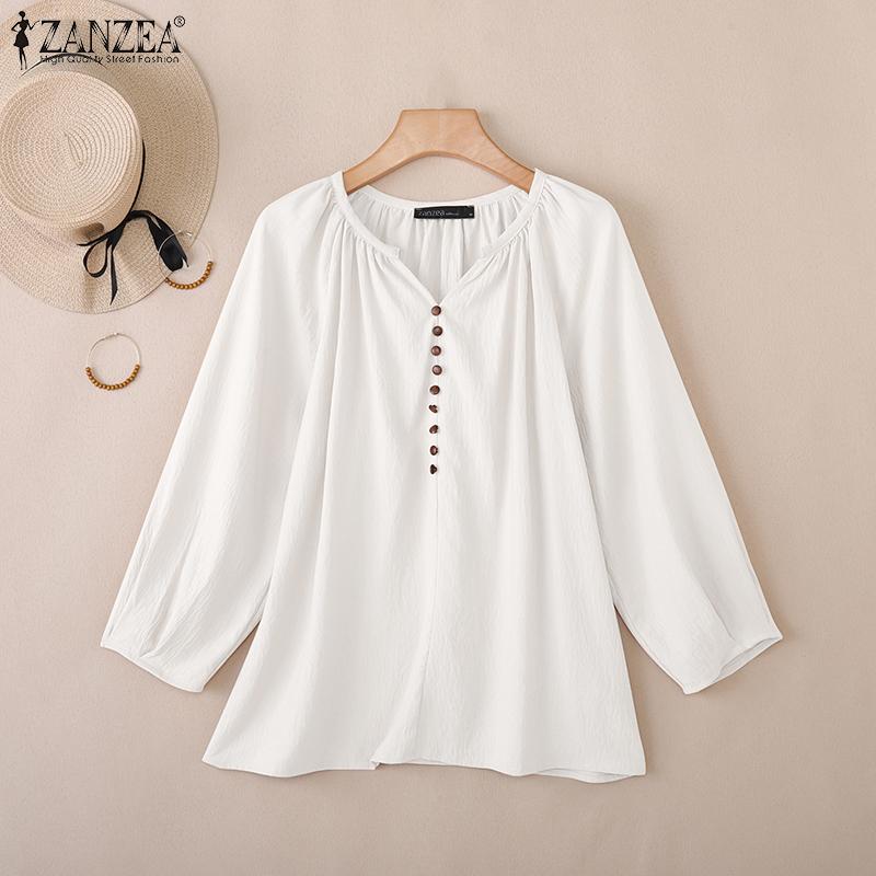 ZANZEA Women Casual V-Neck Solid Color Loose 3/4 Sleeve Blouse
