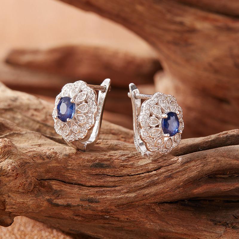 Retro Hollow Pattern Natural Sapphire Stud Earrings Women'S S925 Sterling Silver Colored Jewelry