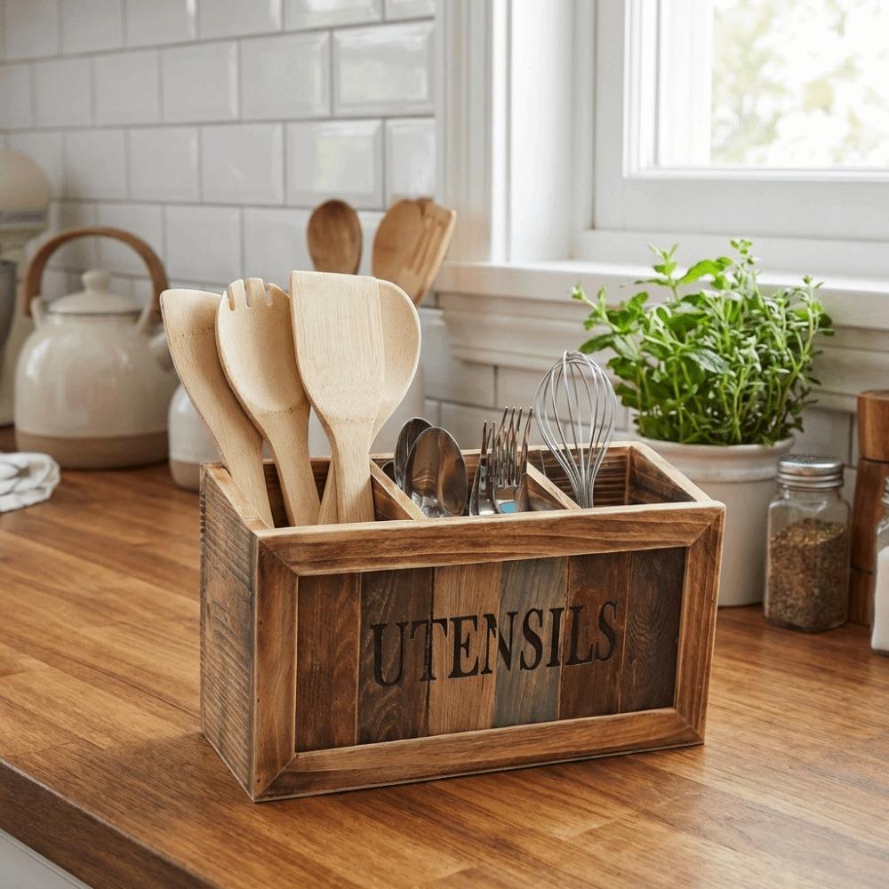 3 Grids Tableware Storage Box Vintage with Divider Solid Wood Storage Box Large Capacity Chopstick Fork Spoon Organizer