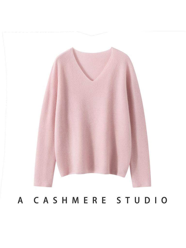 Women's Soft 100% Cashmere V-Neck Sweater - Loose Fit, Long Sleeve, Solid Color Knitwear for Autumn and Winter