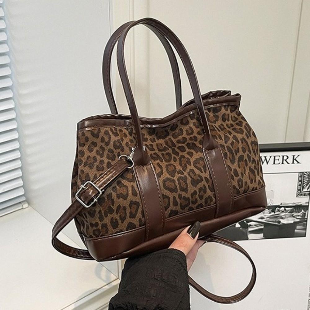 Retro Leopard Print Crossbody Bag Plush Ladies Bucket Shoulder Bag Autumn Winter