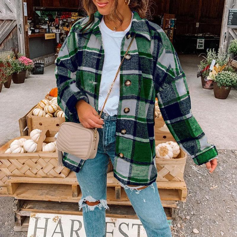 Autumn Winter Women Plaid Shirt Coat Stylish Plaid Print Shirt Coat for Women Lapel Blouse Jacket with Long Sleeves Fashion Warm Jackets