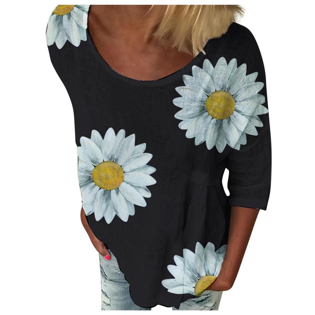 Women Casual Plus Size  Printed Loose Sunflower Tunic Shirt Blouse Tops